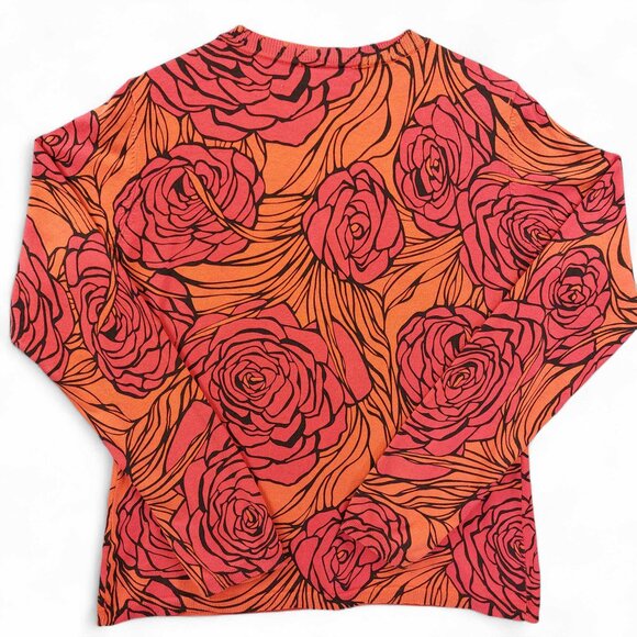 Harold's Sweater Womens Sz L Orange Red Floral Silk Blend Button Up Cardigan - Picture 2 of 9